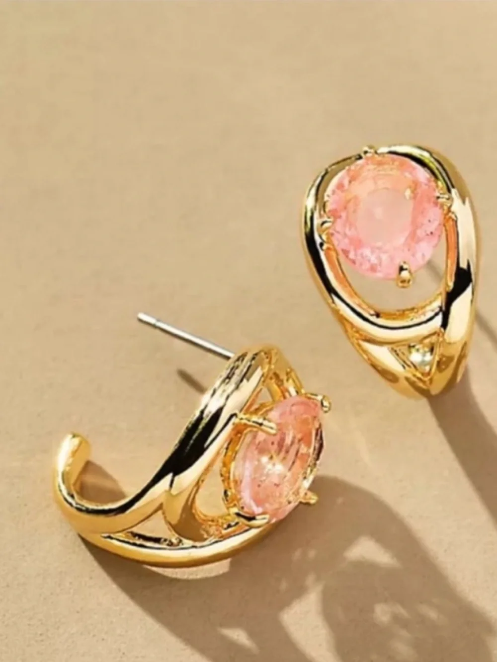 New! Anthropologie 14K Gold Plated Pink Curved Crystal Huggie Earrings NWT